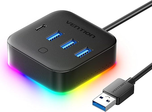 VENTION 5 Port USB Hub with RGB Light,5Gbps USB A Splitter with USB 3.2 Gen 1×Type-C,USB A 3.0×3 Data Ports and 1×5V/2A Power Port for Laptop/MacBook/Keyboard,0.25M