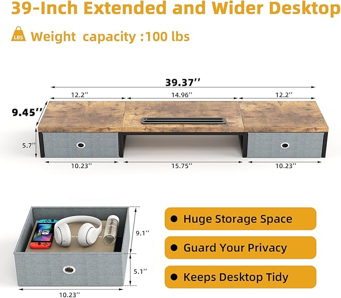 39 Inch Dual Monitor Stand Riser with 2 Drawers - Large Brown Wooden Computer Stand for 2 Monitors, Ergonomic Desk Organizer with Phone Holder, Desktop Storage for Laptop, Office Supplies, Home Office