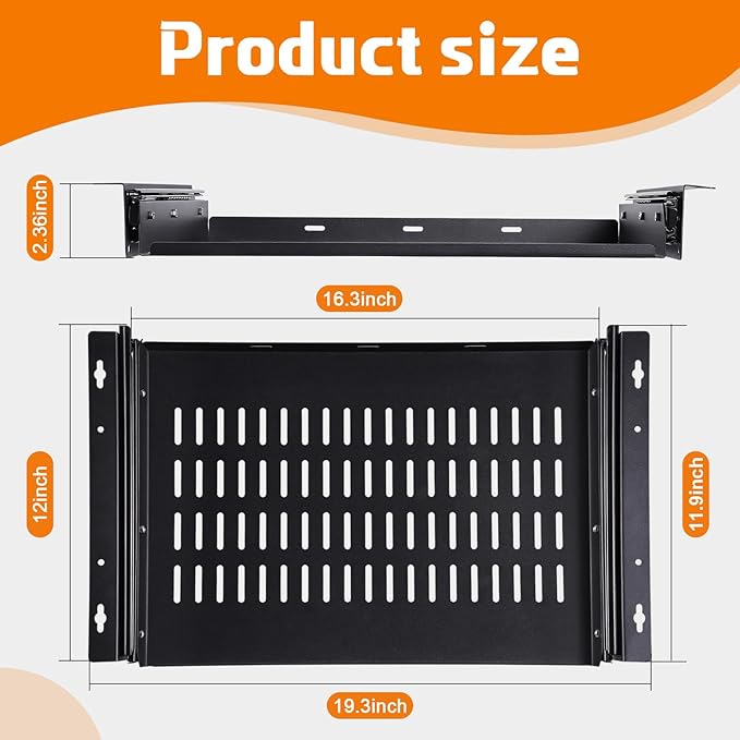 Sliding Under Desk Laptop Mount Shelf with Air Vents 16.3" W x 12" D Metal Under Desk Slide Out Tray Laptop Storage Tray for Home Office Standing Desks Workstations Cabinet Gaming
