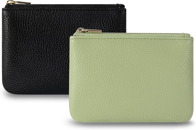 Chelmon PU Leather Coin Purse Pouch Change Holder Small With Zipper for Men Women 2 PCS Set (Black&Light Green)
