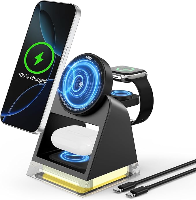 3 in 1 Fast Charging Station for Multiple Apple Devices, Portable Wireless Charger Stand with Magsafe,Magnetic Travel Charge Dock for iPhone 16e/15 Pro Max/14 Plus/13 Mini/12/Apple Watch Ultra/AirPods