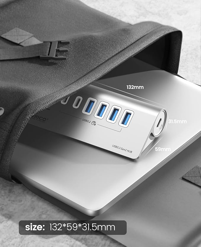 ORICO 7-Port USB 3.2 Gen2 Hub, Powered USB 3.2 Hub with 4 USB-A, 2 USB-C, PD 60W, 72W Power Adapter, 10Gbps Aluminium USB-Splitter with 1.64Ft USB-C to USB-A/C Cable for iMac, MacBooks, Mac mini