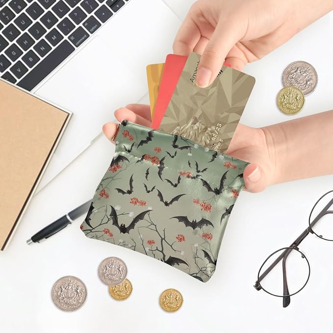 Bats Women's Waterproof PU Leather Coin Purse, Slim Travel Wallet with Zipper - Compact Card Holder & Jewelry Organizer for Cash, Keys, Lipstick