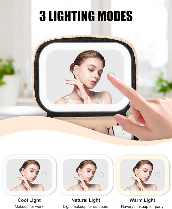 Relavel Mini Makeup Bag with Led Mirror, Small Cosmetic Bag with 3 Light Modes, Rechargeable Portable Makeup Pouch with Hands-Free Wrist Strap for Pool Parties丨Work Touch-Ups丨Travel - Plaid