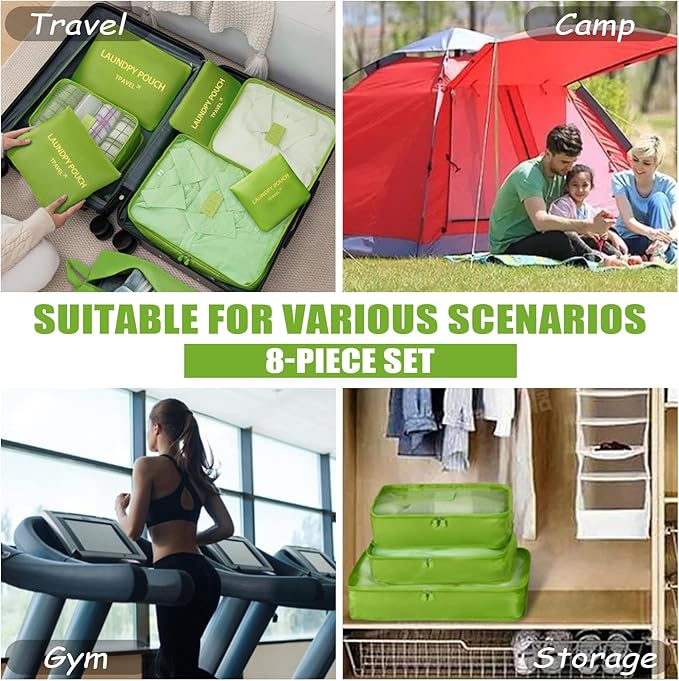 8 Set Packing Cubes for Travel Luggage Packing Bags Reusable Waterproof Suitcase Organizer Cubes Set with Shoe Bag and Toiletry Bag (Green)