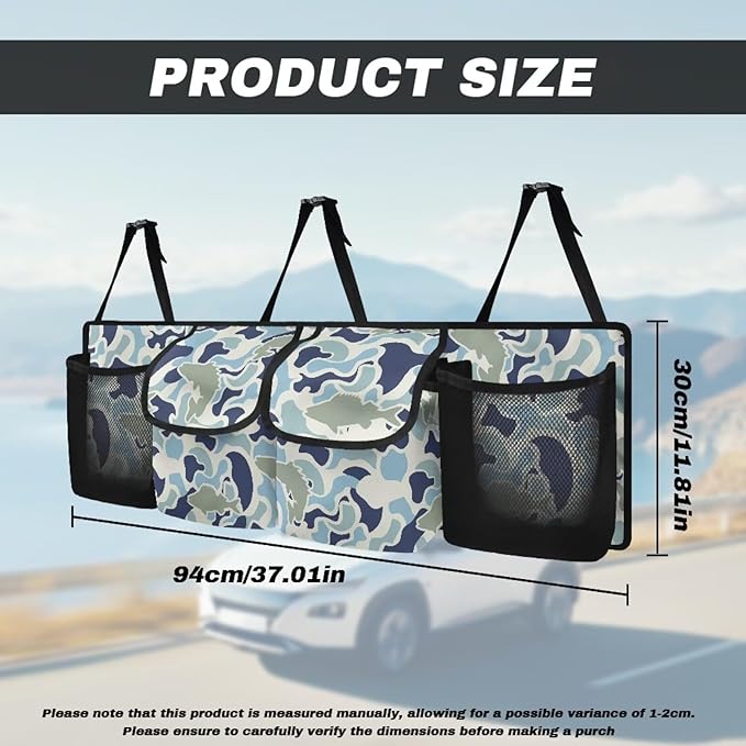 Fish Camouflage Hanging Car Organizer Waterproof Foldable Cars Interior Organizing Accessories 37" x 11.8" Large Capacity Car Organizers and Storage for Cars SUV Sedans