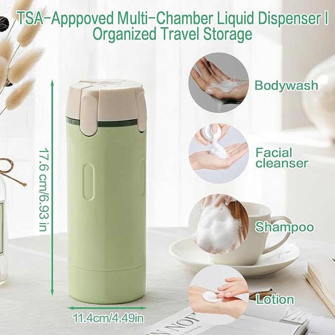 4 in 1 Travel Dispenser Bottle Set, Leakproof TSA Travel Size Containers for Toiletries, Portable Refillable Bottles, Hard Shell Rotating Design with Scale and Labels
