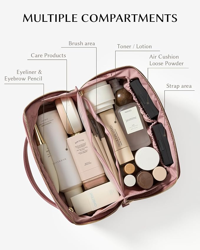 EACHY Travel Makeup Bag, Large Capacity Cosmetic Bag for Women, Waterproof PU Leather, Flat Open Portable Toiletry Bag for Skincare, Brushes & Travel Essentials