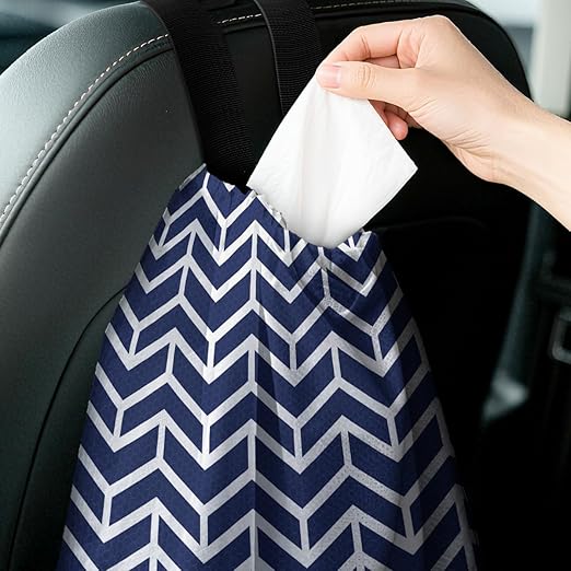 Car Trash Bag Hanging Back of Seat with Adjustable Snap Buckle Strap Cute Printed Drawstring Garbage Bags for Car-Blue White