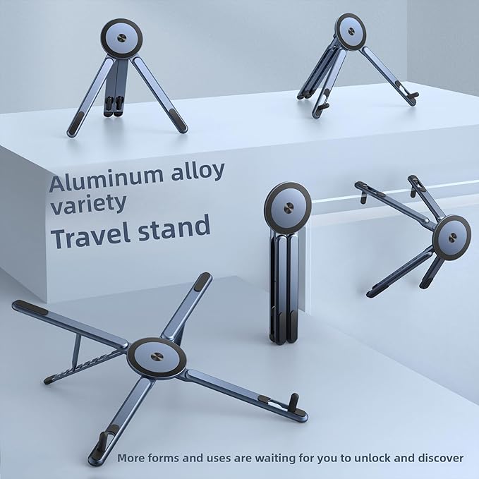 Portable Laptop Stand for Desk, Foldable Adjustable Computer Riser with Magnetic Phone Holder, Aluminum Laptop Stand Tablet Stand Mobile Phone Holder (Navy Blue)