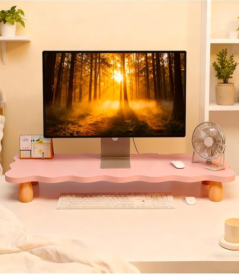 Monitor Stand Riser, Cloud-Shaped Sturdy Wood Computer Monitor Riser, Laptop Monitor Stand, Multi-Purpose Desktop Organizer Riser for Computer, Laptop, Printer, TV (Pink)