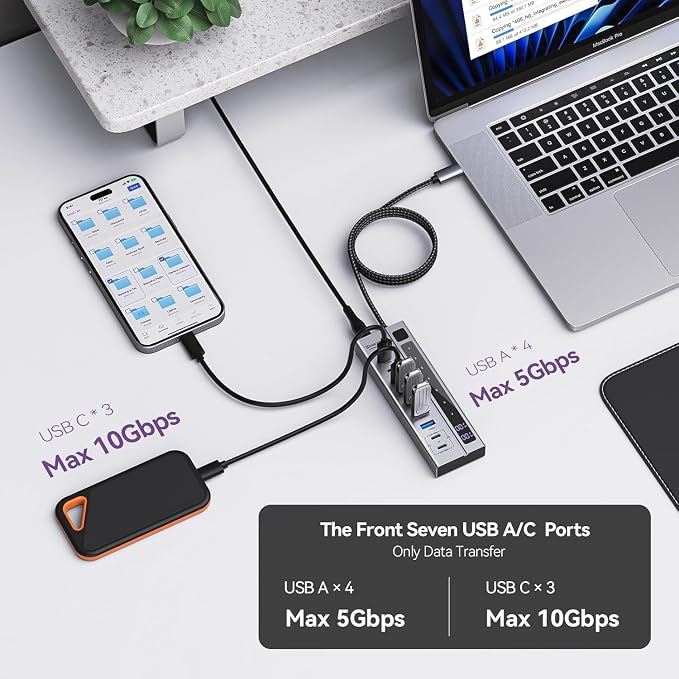 Minisopuru 9 in 1 Powered USB C Hub – Support Max 45W Charging with 72W Power Adapter, 10Gbps Data Transfer, USB-C Powered Hub for Laptop, MacBook,iPad (Not for Monitor)
