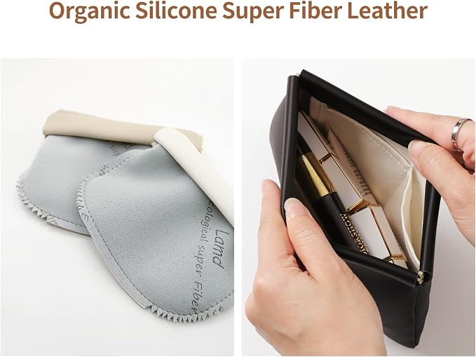 2 Pack Small Makeup Bag for Women, New Organosilicon Super Fiber PU Leather Mini Cosmetic Bag for Travel, Coin Purse Organizer Storage Pouch (No Phrase Printed, Black)