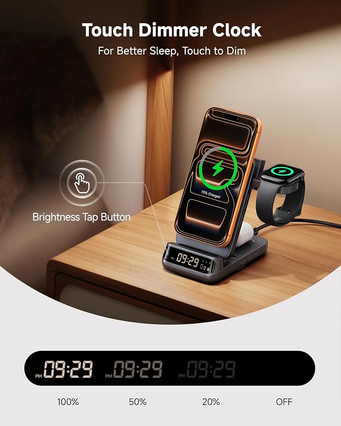 25W 3 in 1 Wireless Charger Stand Compatible with MagSafe, Foldable Travel Magnetic Charging Station with Clock for iPhone 17/16/15 Series, Apple Watch, Air Pods, SwanScout 708M-25W
