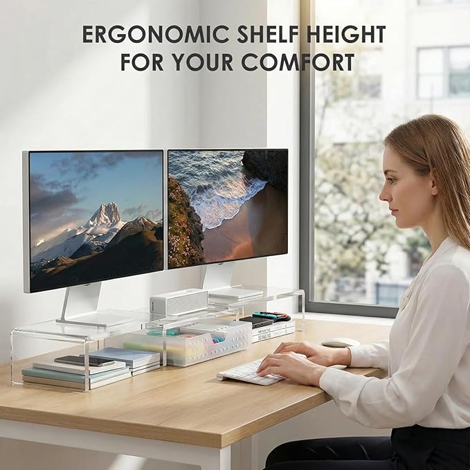 OPNICE Clear Acrylic Desk Organizers and Accessories, Dual Monitor Stand Riser with Drawer, Desk Shelf Computer Racks for Office Workspace Organizers, Desktop Organization (Transparent)