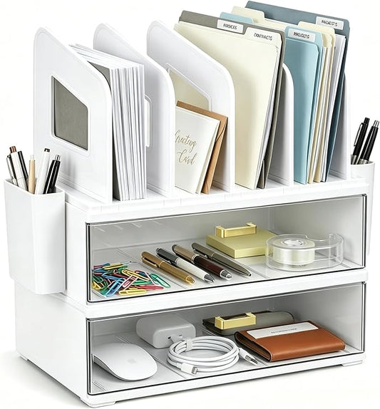 CiWiVOKi Desk Organizer with 4 File Slots and 2 Drawers, White | Desktop organizer with dual pen holders for storing files, mail, notebooks and office supplies in home or office use
