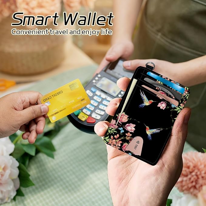 Small Travel Wallets, Hummingbird Floral Sakura Slim Minimalist Front Pocket Wallet with Wristlet, RFID Blocking PU Leather Credit Card Holder with ID Window Change Purse for Men Women