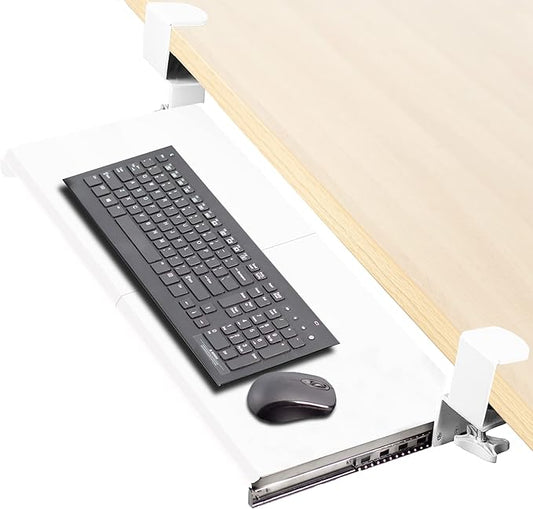 VIVO Clamp-on Computer Keyboard and Mouse Under Desk Mount Slider Tray, 69cm (84 Including Clamps) x 28cm Pull Out Platform Drawer, White, MOUNT-KB05W
