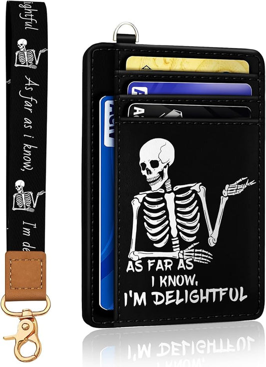 Yonlevres Skeleton Credit Card Holder Slim Wallet, RFID Wallet Women Front Pocket Wristlet Lanyard, Small Card Holder Travel Cute Thin Card Case ID Window PU Leather Funny Card Organizer Gifts Girls