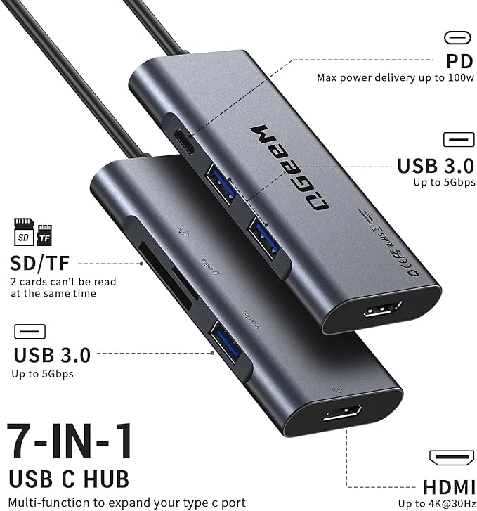 USB C Hub, QGeeM USB 4k to HDMI Adapter, 7 in 1 USB-C Dongle with 100W PD,USB 3.0, Card Reader, Compatible for MacBook iPhone 15/17 Ipad Pro max,Chromebook Laptop USB Type C Dock-Grey