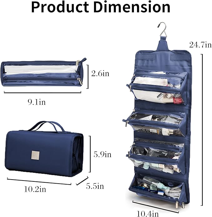 ROYALFAIR Roll Up Makeup Bag, Travel Toiletry Bag for Women with 4 Clear TSA Approved Pouches, Hanging Travel Organizer, Folding Cosmetic Bag for Men and Women