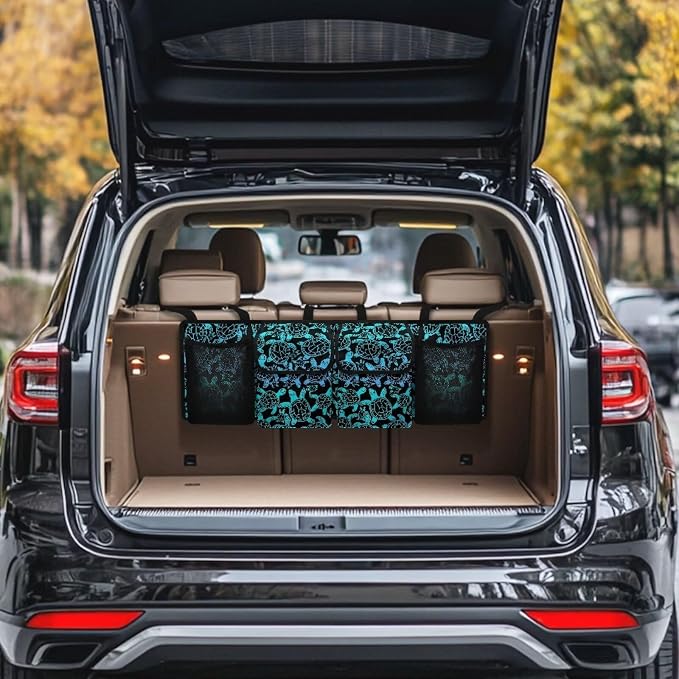 Blue Turtle Print Car Trunk Organizers for Women Foldable Magnetic Cover Backseat Cargo Storage Bag with Elastic Net SUV, Truck, MPV Car Accessories