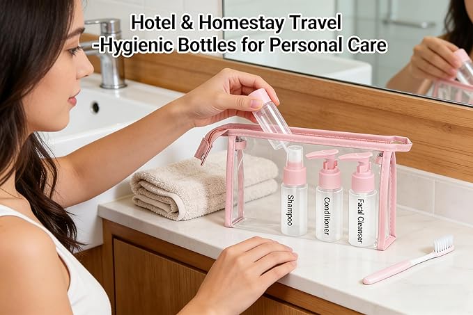 11-Pack Pink Travel Bottles Kit, TSA Approved Leak Proof Portable Toiletry Containers Set, Clear PET Flight Size Cosmetic Containers for Lotion, Shampoo, Cream, Soap