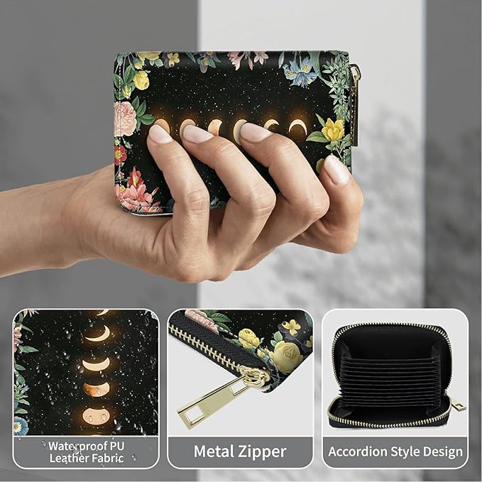 Cute Credit Card Holder with Zipper, Moon Flower RFID-Blocking Card Case Small Wallet for Women Men, Multi-slot Card Organizer Case Travel Accordion Wallet