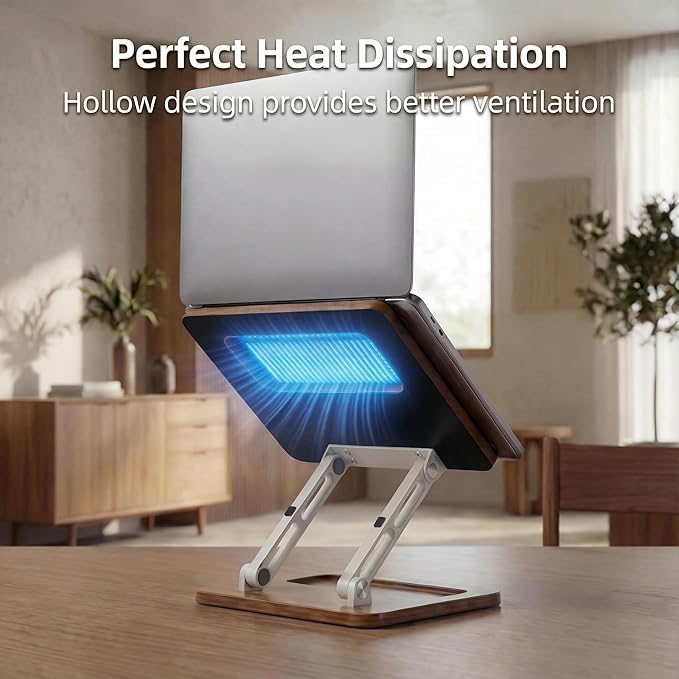 Ergonomic Wooden Laptop Stand with Pen Slot, Adjustable Height & Angle, Hollow Cooling, Foldable for Desk Use, for 10-17 Inch Laptops/Tablets