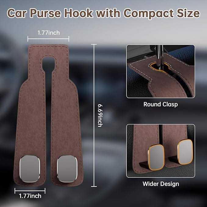 Car Purse Hook for Headrest - 2Pcs Headrest Hooks for Car Seat Back Storage,100% Leather Car Hanger with Metal Hooks,Suitable for Car Organizers and Storage,Seat,Bag,Purse(Brown)