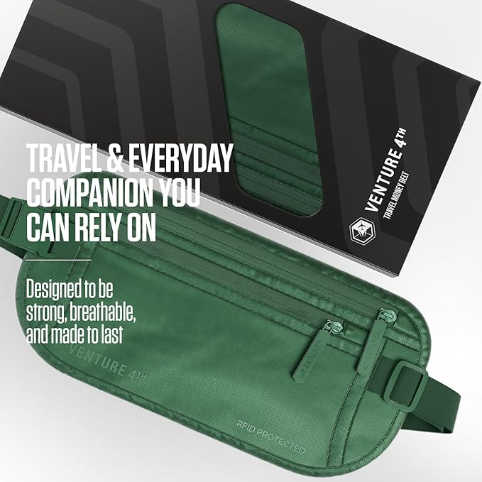 VENTURE 4TH Money Belt for Travel – Hidden Under-Clothes RFID Blocking Passport Holder & Slim Travel Wallet Pouch for Men & Women to Protect Cash, Cards & Documents (Sleek Army Green)