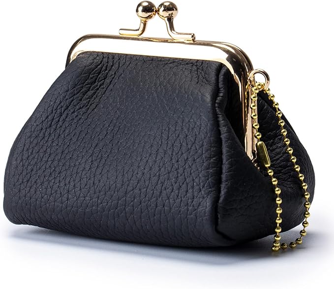 Genuine Leather mini Coin Purse, Small Vintage Kiss Lock Jewelry Storage Organizer, Cute Lipstick Jewelry Storage Case for Women (Black)