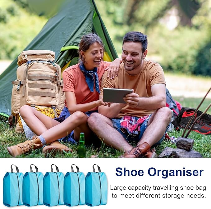5Pcs XL Travel Shoe Bags Portable Travel Gifts Shoe Organizer with Zipper Closure, Waterproof Nylon Shoe Storage Organizer with Handle Travel Bags For Men and Women, Blue