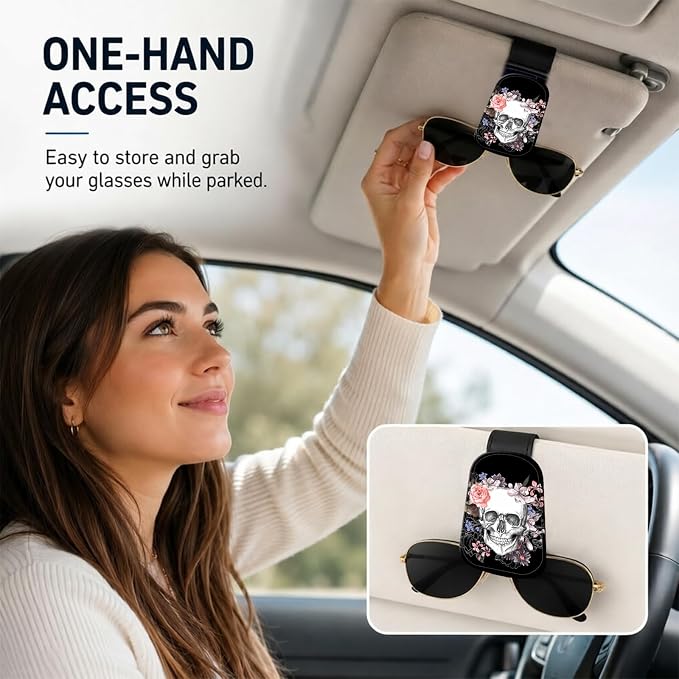 Leather Magnetic Sunglass Holder for Car Sun Visor, Cute Eyeglass Ticket Card Hanger Clip, Universal Auto Interior Accessories for SUV Pickup Truck, Skull Floral