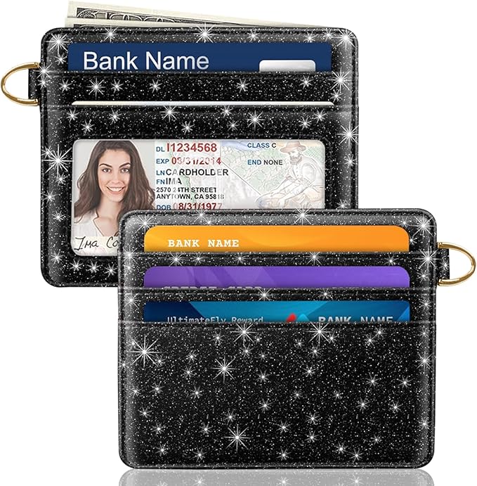 Slim Minimalist Front Pocket RFID Blocking Credit Card Holder Small Wallet Cute Card Cases for Women,Glitter Black