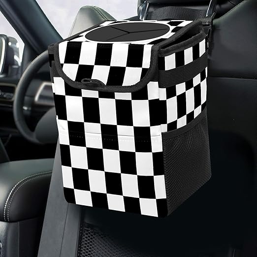 Car Trash Can Black and White Checkered Auto Garbage Bag Car Trash Can with Lid Leak-Proof Car Storage Bag Auto Garbage Bag Hanging for Headrest Collapsible and Portable with Storage Mesh Pocket