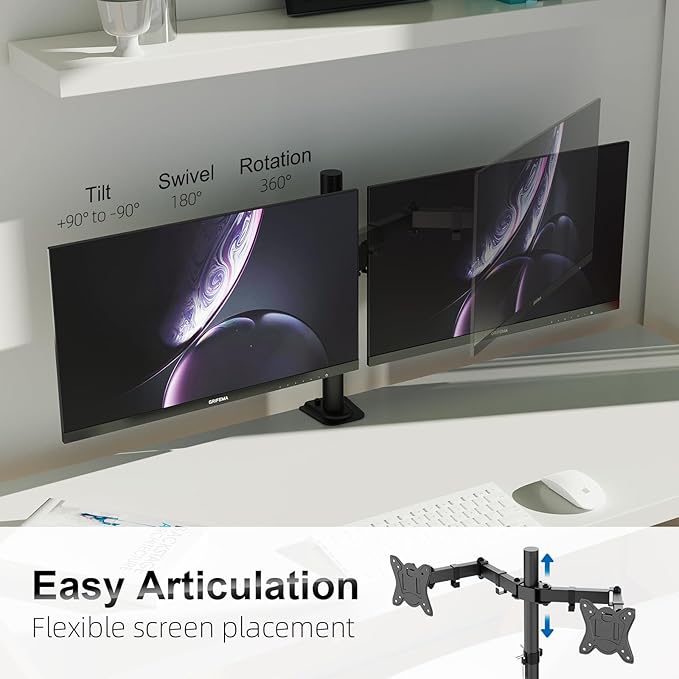 GRIFEMA GB2001A-2 Monitor Mount for 13-27 Inch Flat & Curved Screens, Height Adjustable, Tilt, Swivel, 360° Rotation, 10 kg per Arm, VESA 75/100 mm