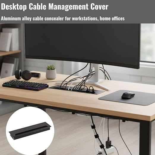 Desktop Cable Management Cover for Desk Organization - Aluminum Alloy Cable Box with Brush Seal (Black, 8.0x28.0x2.8 cm)