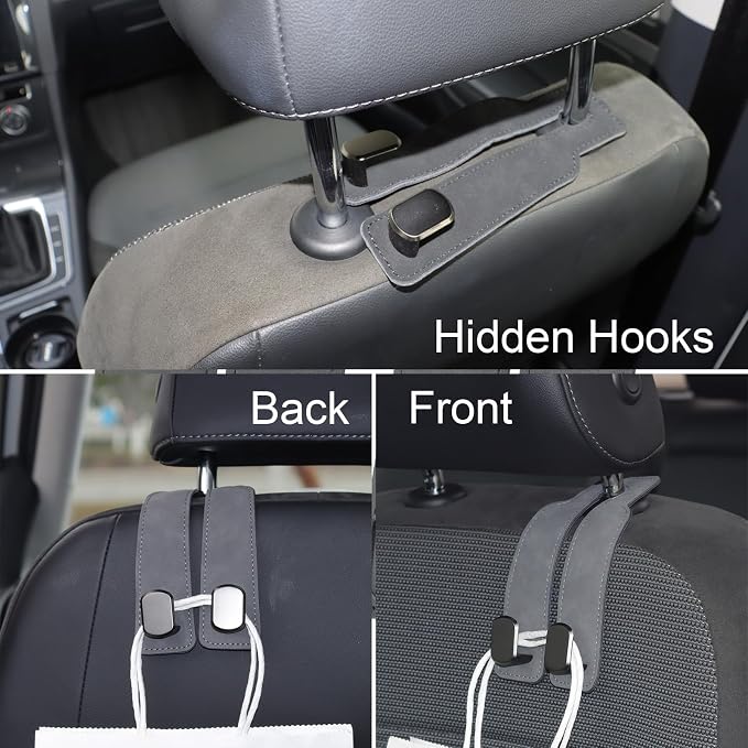 Car Seat Hooks for Headrest, Car Purse Hook & Back Storage Hook, Zinc Alloy & Suede Material Heavy Duty Car Hooks for Purses and Bags,Universal Fit for Most Vehicles ((Grey-2 Pack)