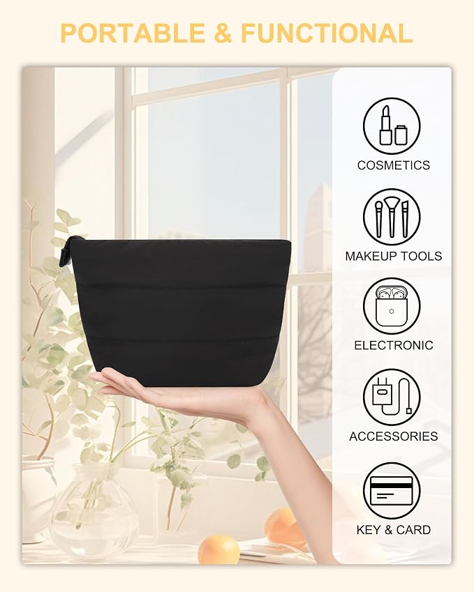 Travel Cosmetic Bag for Purse, Portable Small Makeup Pouch Organizer with Accessories, Traveling Compact Car Bag for Essentials with Compartments, Compact Toiletry Bag for Trip, Office, Home - Black