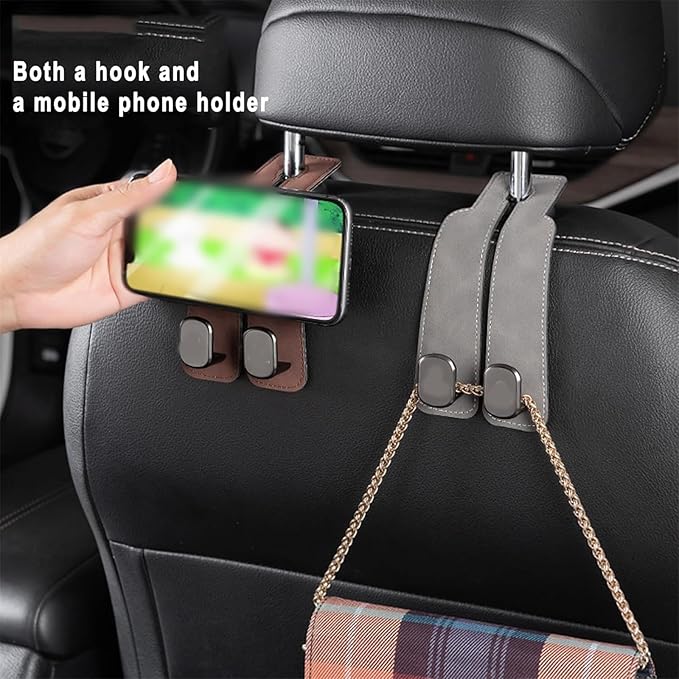Car Hook Seat Back Storage Hook, Car Seat Back Double Hook, Upgraded 2 in 1 Multifunctional Duty Storage for Auto (Brown*4)