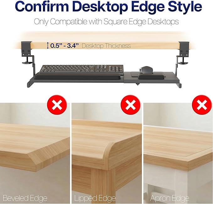 VIVO Large Height and Width Adjustable Under Desk Keyboard Tray, C-clamp Mount System, 22.5” to 30” (28.5” to 36” Including Clamps) x 11 inch Slide-Out Platform for Typing, Black, Mount-KBST1