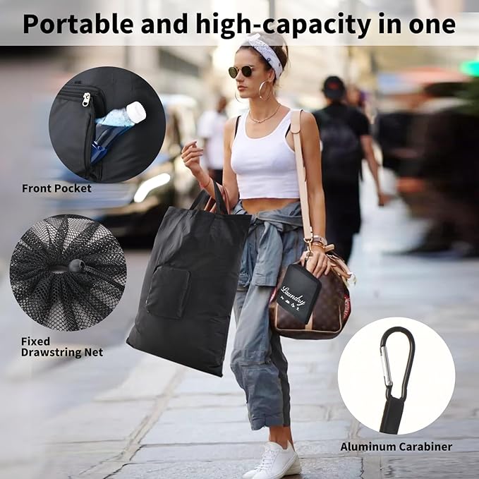 Travel Laundry Bag, JHX Foldable Dirty Clothes Bags 【Upgraded】 with Fixed Drawstring Net, Handles and Carabiner, Portable Laundry Bags for Travel, Fitness, and Students (Deep-black) 30"H x 21"W