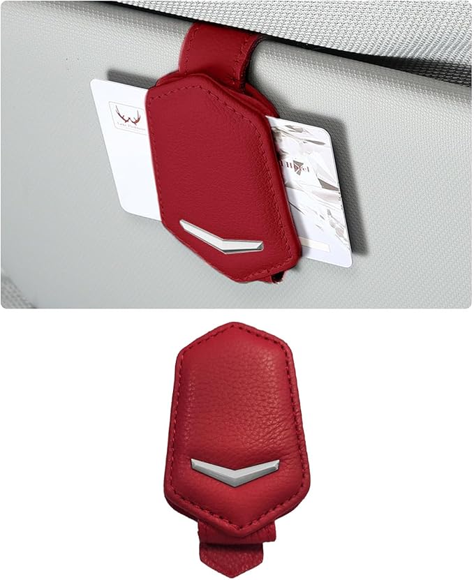 Dickno Sunglasses Holder for Car Sun Visor, Magnetic Leather Glasses Hanger Mounted with Ticket Card Clip, Universal Vehicle Interior Accessories for Different Size Eyeglasses (Red)