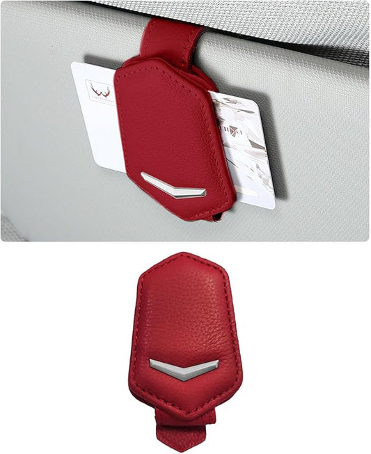 Dickno Sunglasses Holder for Car Sun Visor, Magnetic Leather Glasses Hanger Mounted with Ticket Card Clip, Universal Vehicle Interior Accessories for Different Size Eyeglasses (Red)