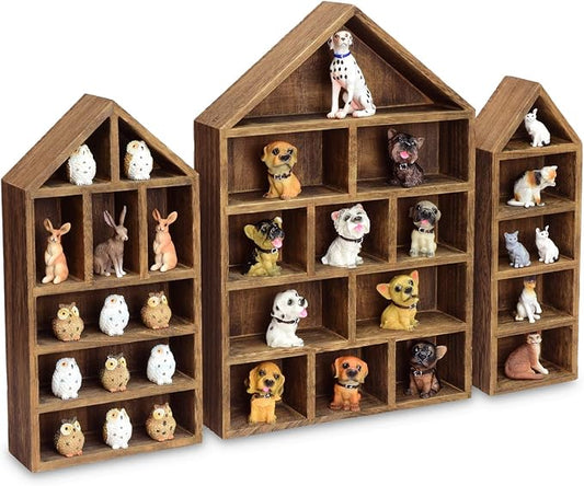 Ikee Design House-Shaped Wooden Shadow Cubby Box Display Shelf Organizer Storage Shadow Box for Mini Figures, Set of 3, Brown Color, 10 W x 2 1/4 D x 15 H in