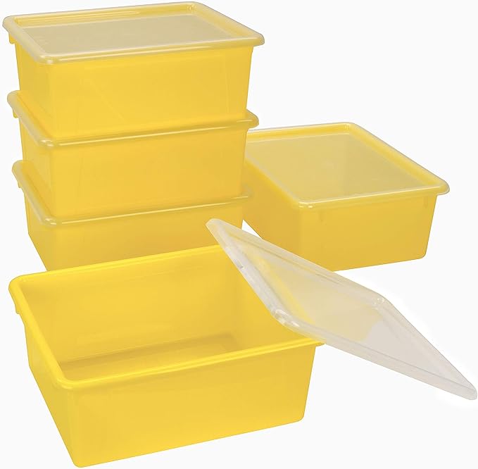 Storex Letter Size Deep Storage Tray – Organizer Bin with Non-Snap Lid for Classroom, Office and Home, Yellow, 5-Pack (62546A05C)