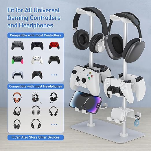 MANMUVIMO Headset Controller Stand for 2 Headset and 8 Controller, Headphone Stand Gaming Controller Holder for PS5 Xbox Airpods Beats Bose, Gaming Room Accessories, Gamer Gifts for Men (White)