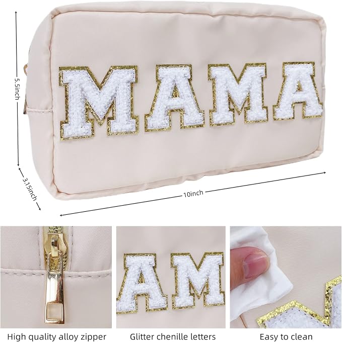 Chenille Letter Bag Mama Gift Makeup Bag Nylon Cosmetic Bag with Varsity Patch Makeup Pouch Bag Gift Toiletry Bag For Travel