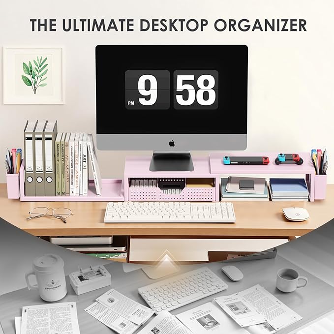 OPNICE Desk Organizers and Accessories, Dual Monitor Stand Riser with Drawer and 2 Pen Holders, Desk Shelf Metal Computer Racks for Office Workspace Organizers, Desktop Organization (Pink Metal)